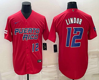 Mens Puerto Rico Baseball #12 Francisco Lindor Number 2023 Red World Baseball Classic Stitched Jerseys